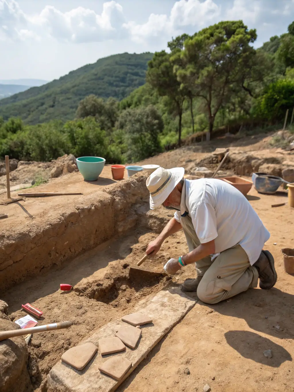 A photograph of a newly discovered ancient Roman mosaic floor being carefully excavated at an archaeological site in Saintonge Maritime.