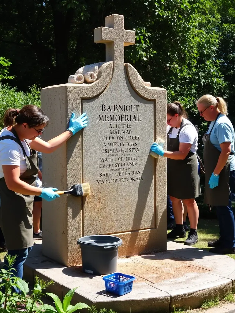 A team of volunteers restoring an ancient stone monument in a scenic outdoor setting, working together to preserve the region's heritage.