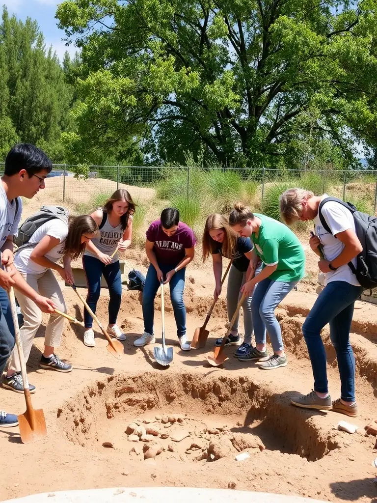 A group of children participating in a hands-on archaeology workshop outdoors, learning about historical artifacts and preservation techniques.