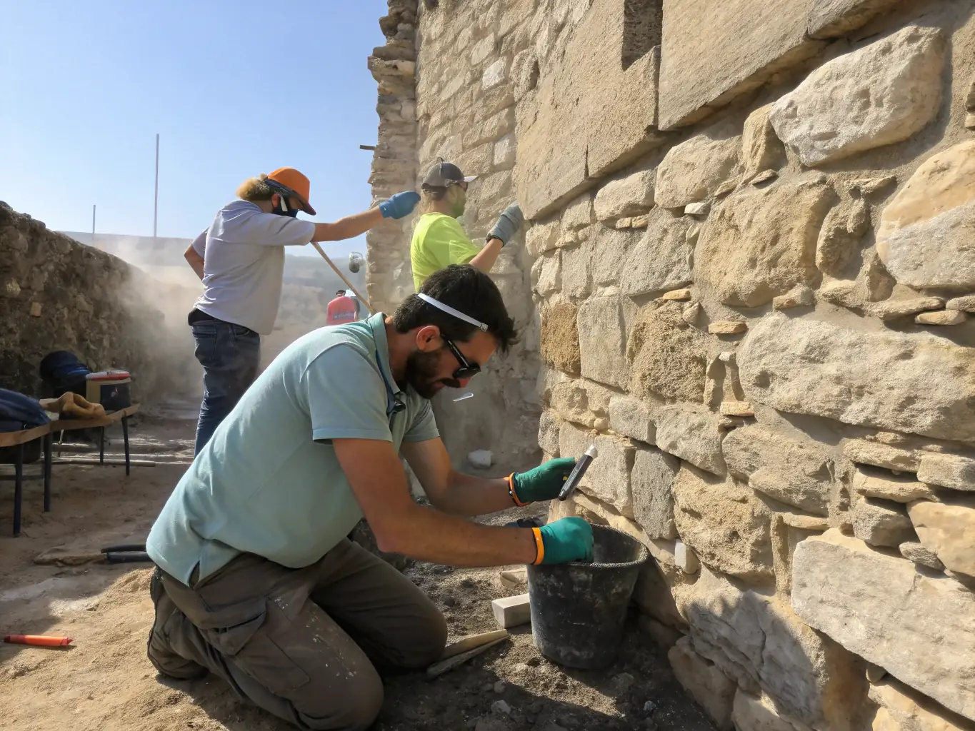 Skilled preservationists carefully restore a weathered historical monument, symbolizing the commitment to heritage preservation.