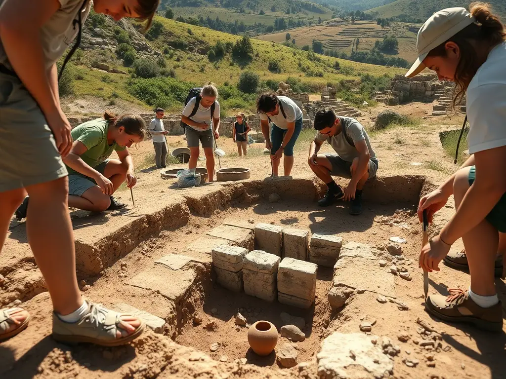 A group of volunteers meticulously documenting historical artifacts at an archaeological dig site in Saintonge Maritime, focusing on their careful work and the historical significance of the finds.