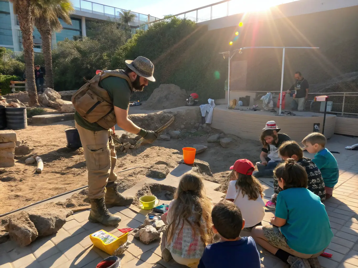A classroom setting where an archaeologist is leading a workshop for local students, teaching them about the history and significance of artifacts found in the Saintonge Maritime region.